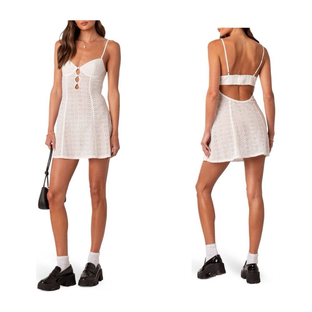 Edikted Promise Floral Eyelet White Cotton Dress Cutout Back, Size XL